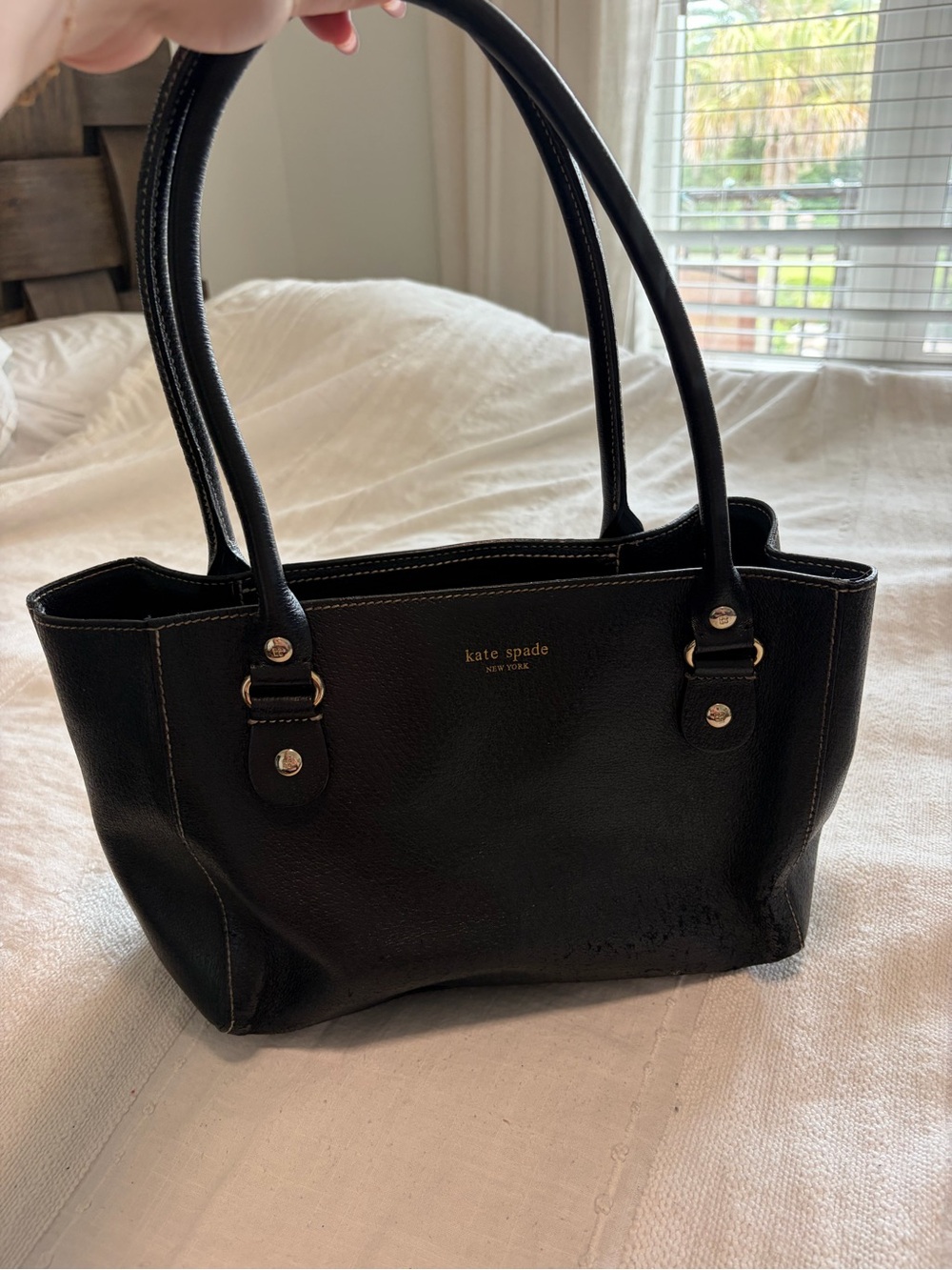 kate spade Black Leather Double-Handle Tote with Gold Logo